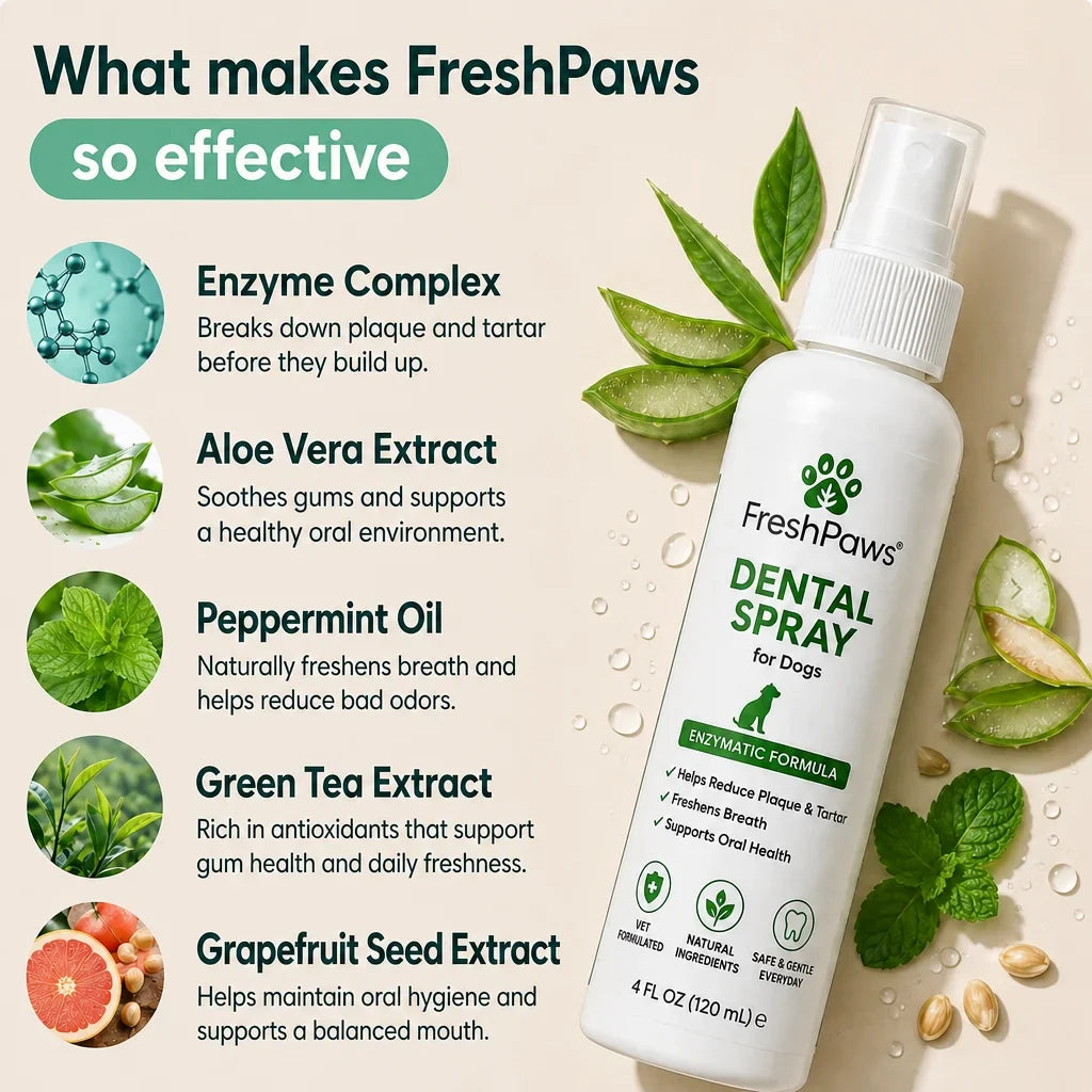 FreshPaws Enzymatic Dental Spray for Dogs ingredients and bottle
