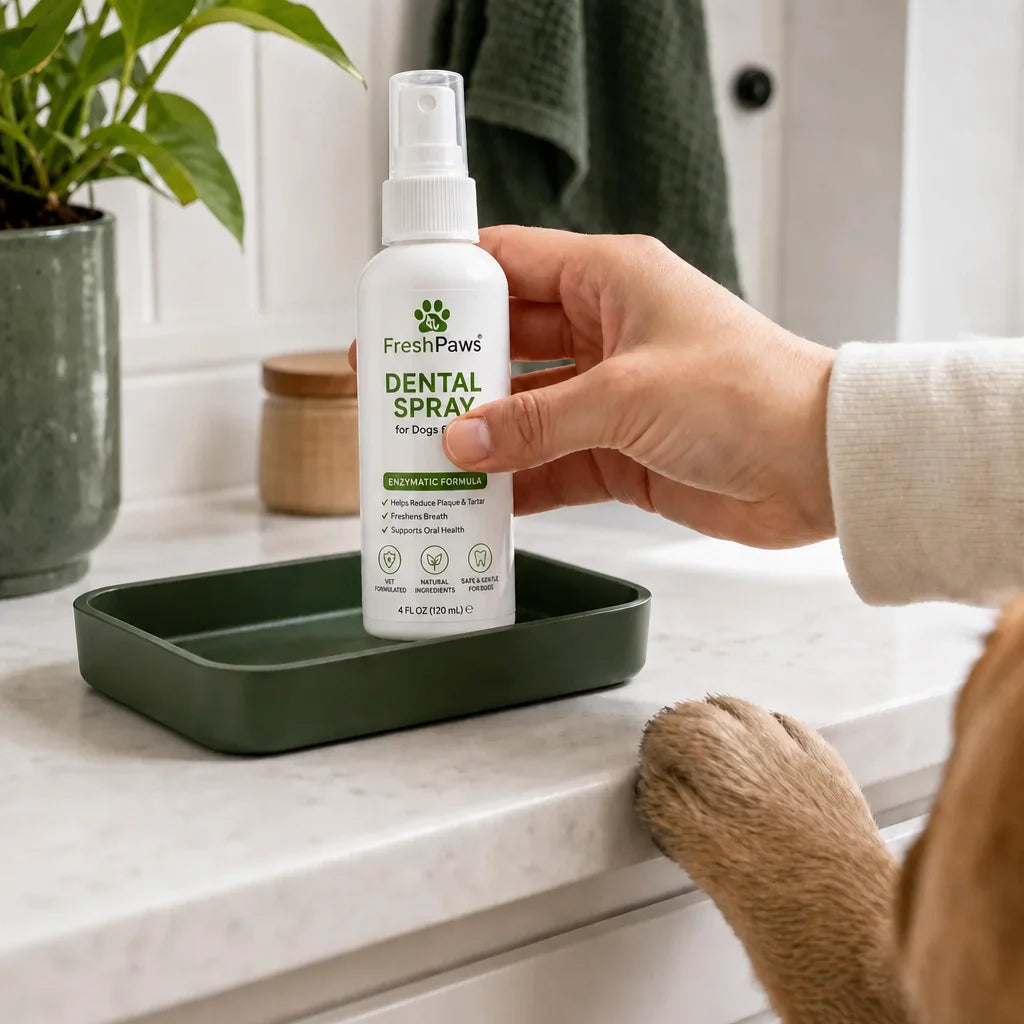 Edit this exact FreshPaws image in place. On the bottle label, replace the visible text “for Dogs &”