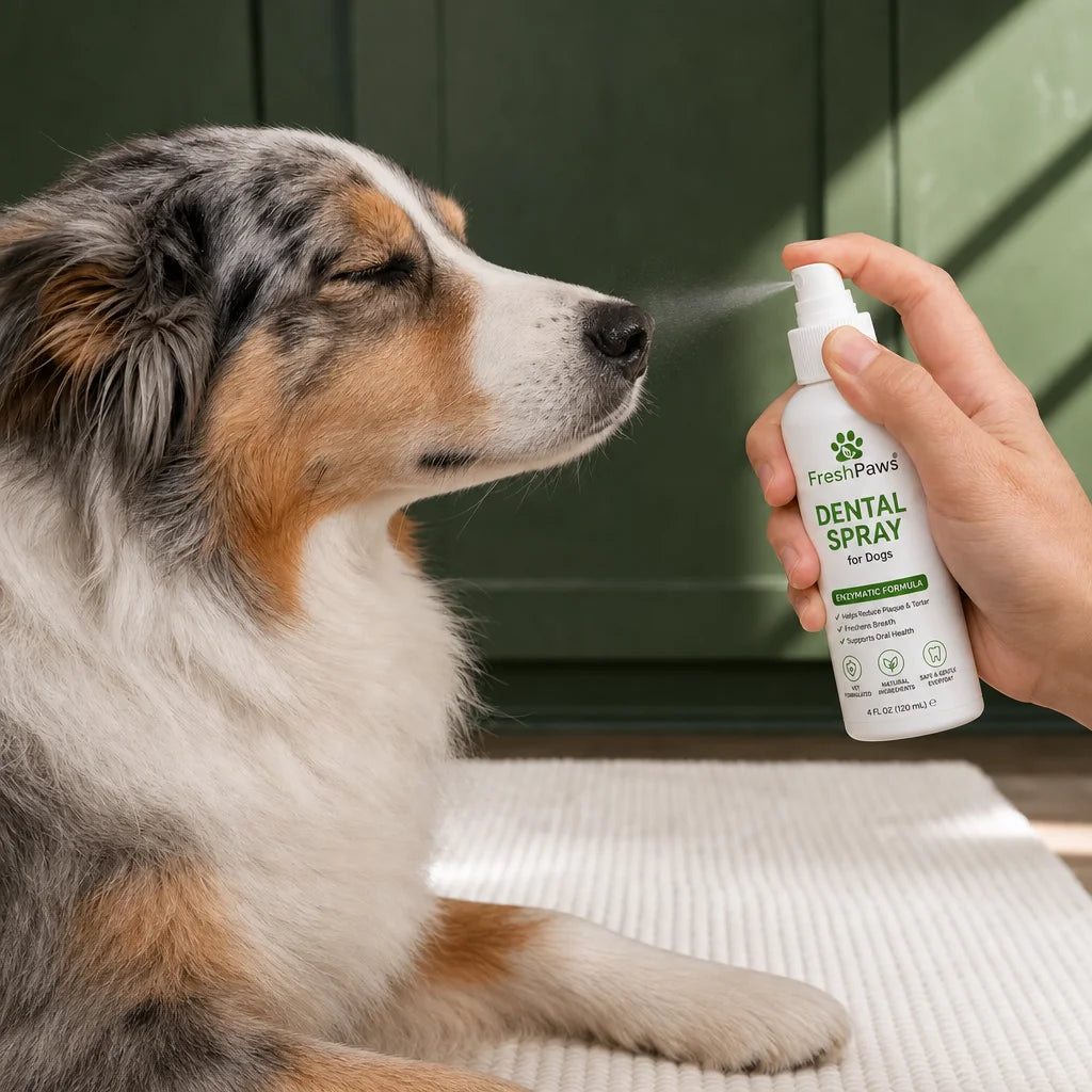 Edit this exact FreshPaws image in place. Preserve the same hand spraying the bottle toward the Aust
