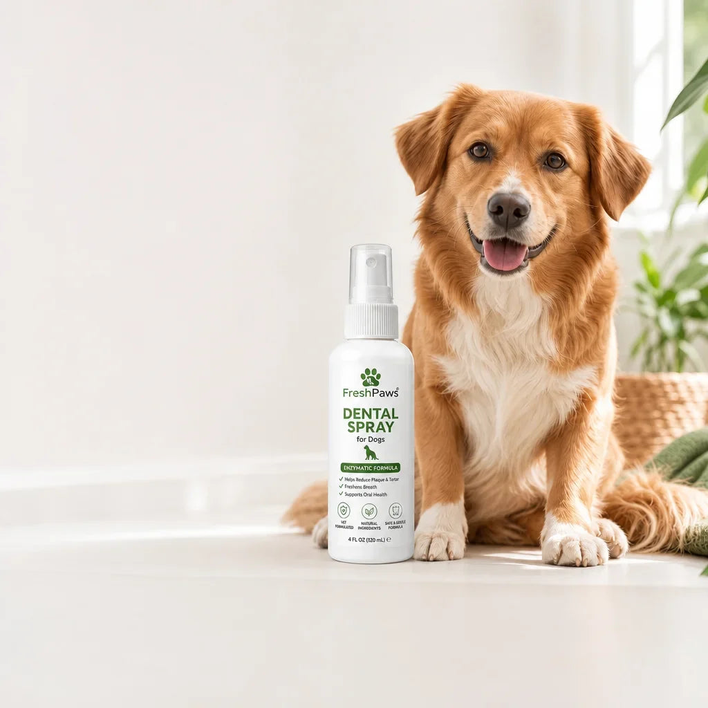 FreshPaws Dental Spray for Dogs beside a happy dog
