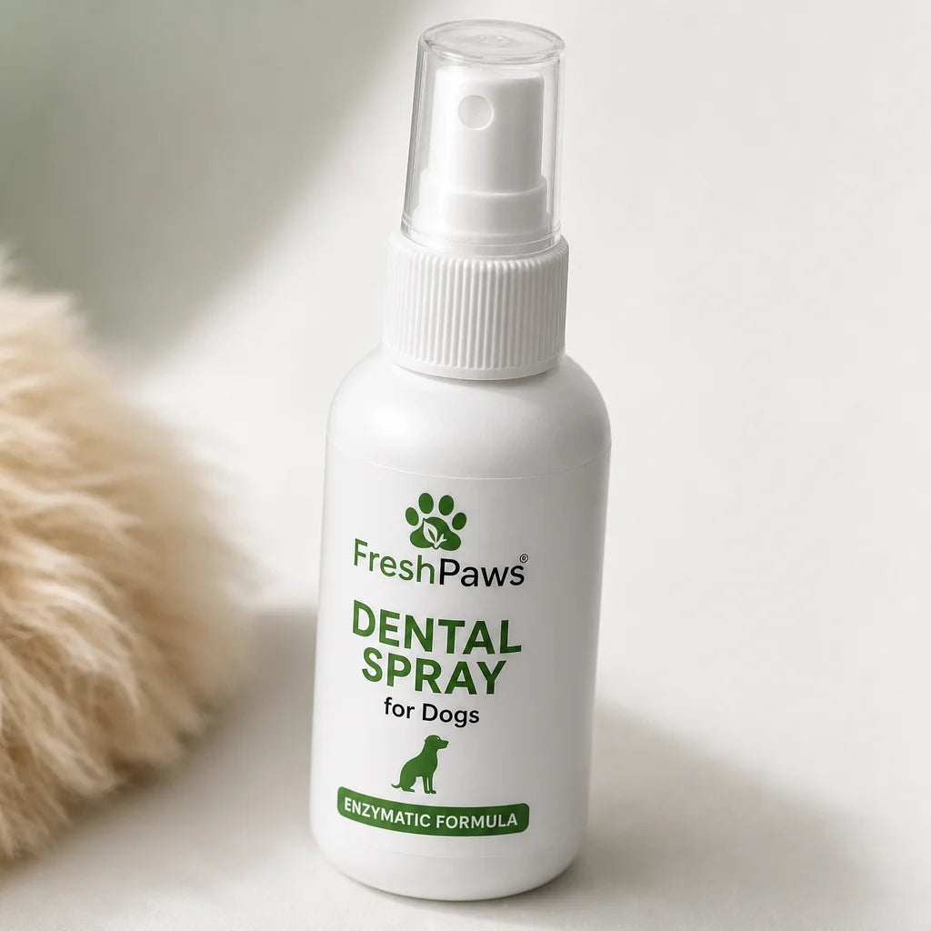 Edit this exact FreshPaws image in place. Preserve the same centered bottle, white surface, soft fur