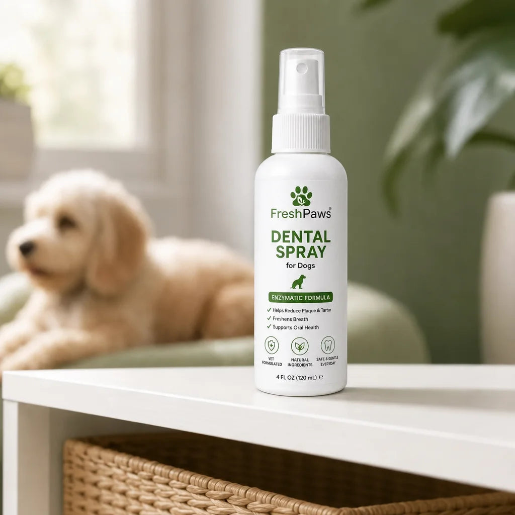 Edit this exact FreshPaws image in place. Preserve the same bottle on the kitchen counter, the hand,