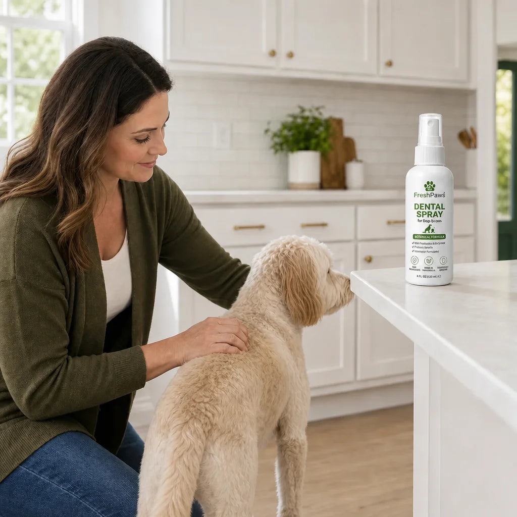 Edit this exact FreshPaws product-page visual. Preserve the original dog, hand, table, treat jar, bo