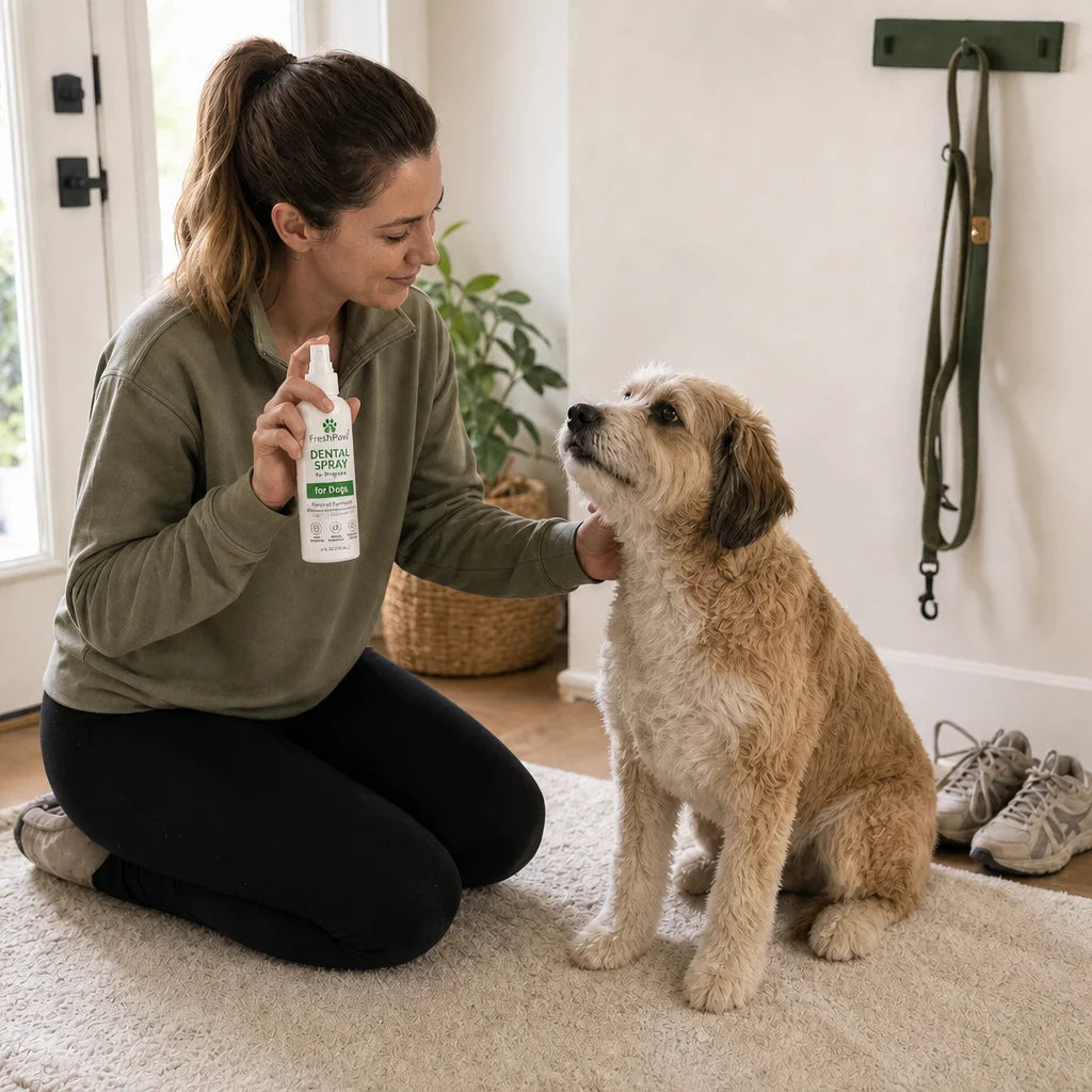 Edit this exact FreshPaws image in place. Preserve the same woman, dog, home setting, pose, framing,