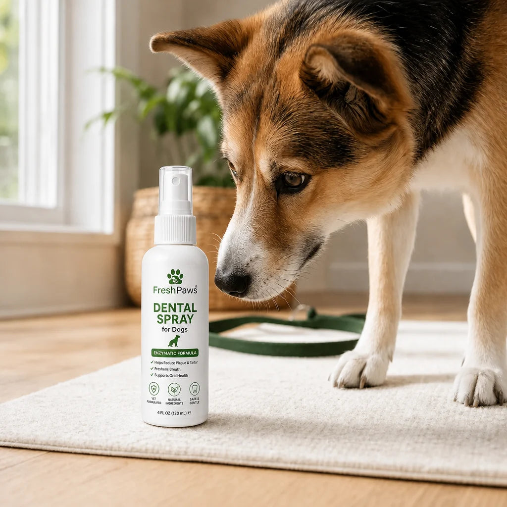 Edit this exact FreshPaws image in place. Preserve the same bottle on the rug, dog sniffing it, indo