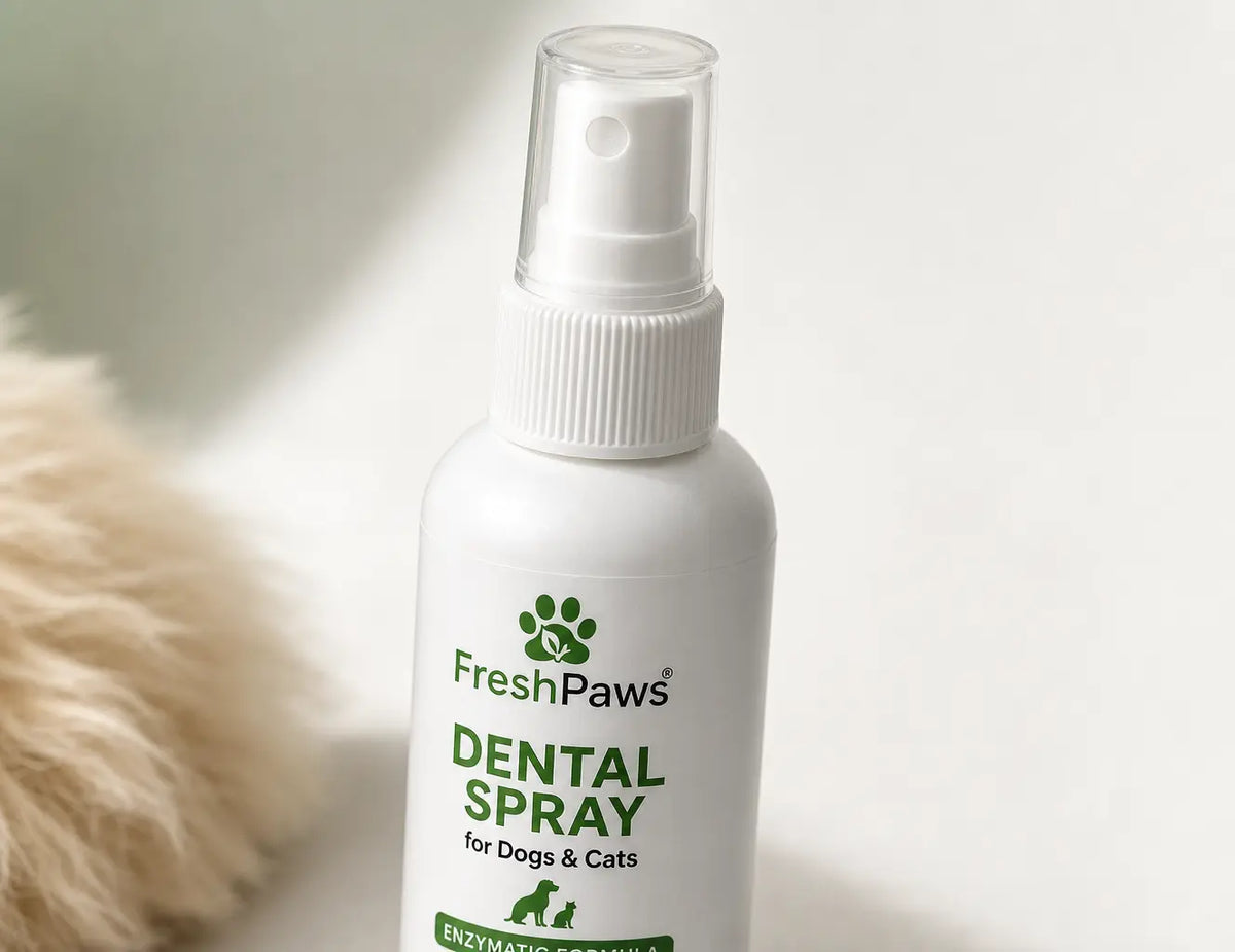 Close-range pet-care product construction detail for a 13:10 bento cell. Isolate the exact FreshPaws