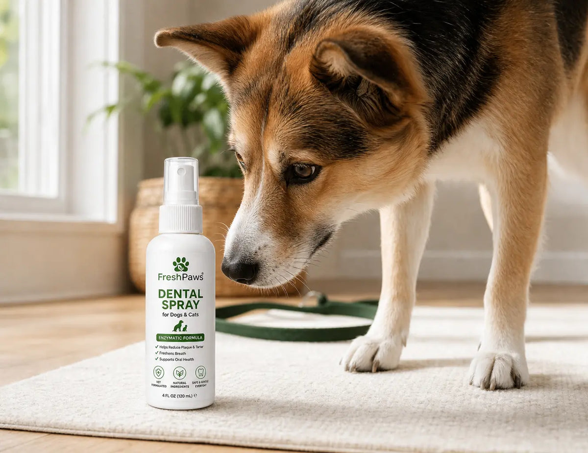 Documentary square-scale photograph for a product bento cell. Place the exact FreshPaws bottle uprig