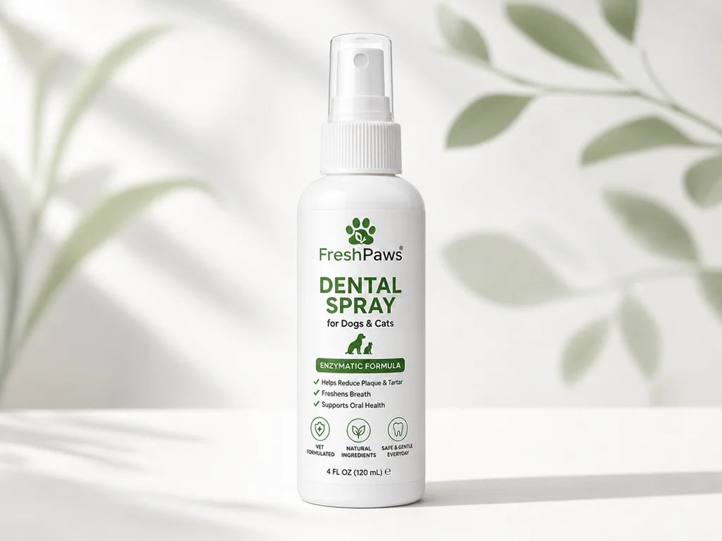 FreshPaws dental spray centered on a clean white surface