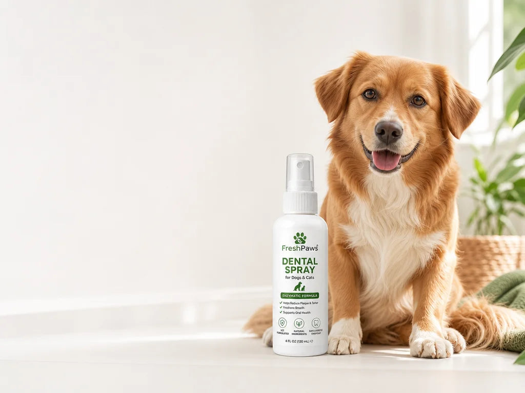 FreshPaws dental spray beside a calm dog
