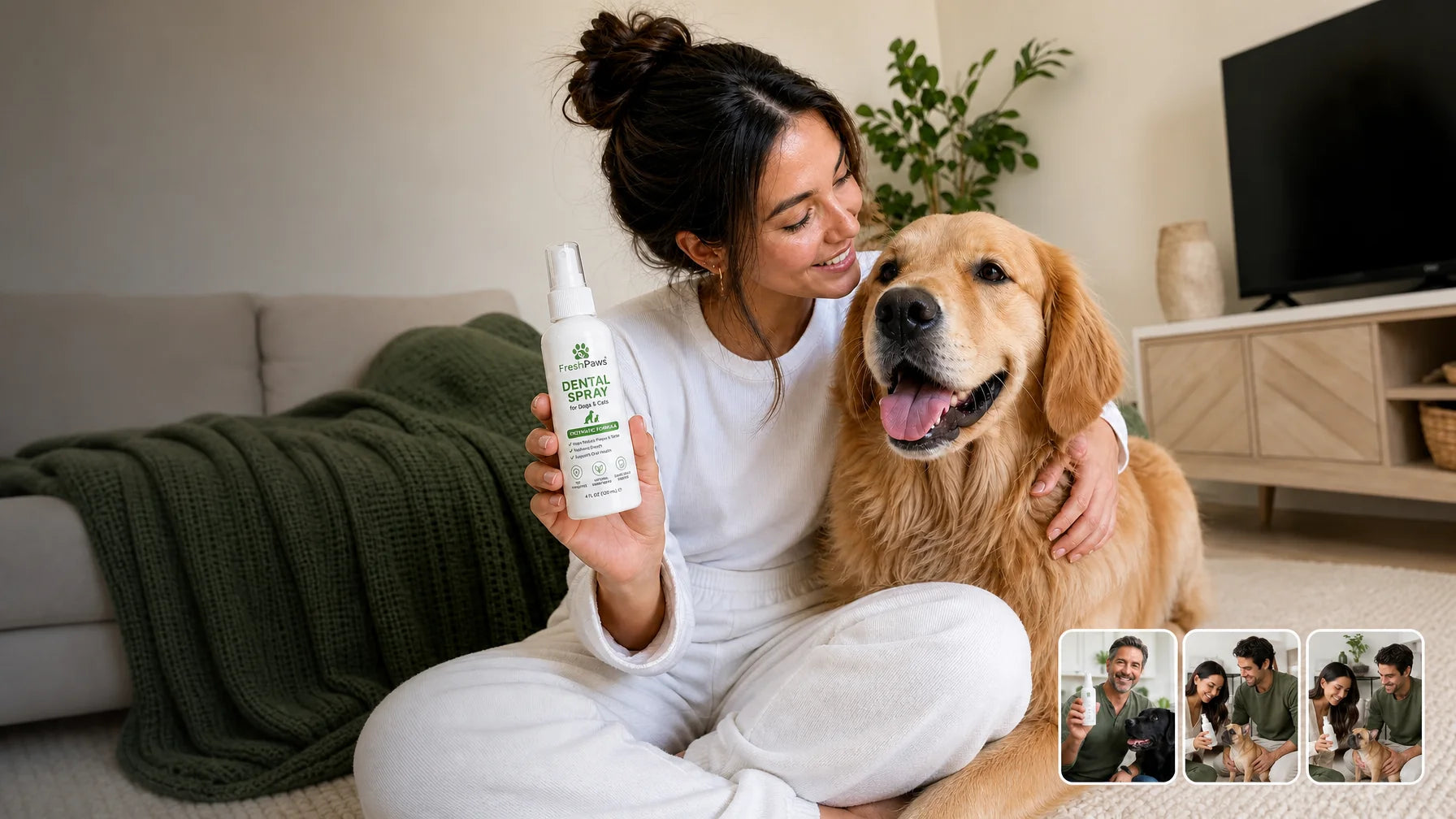 Refine this FreshPaws Hero image without changing the main lifestyle scene, dog, human, bottle ident