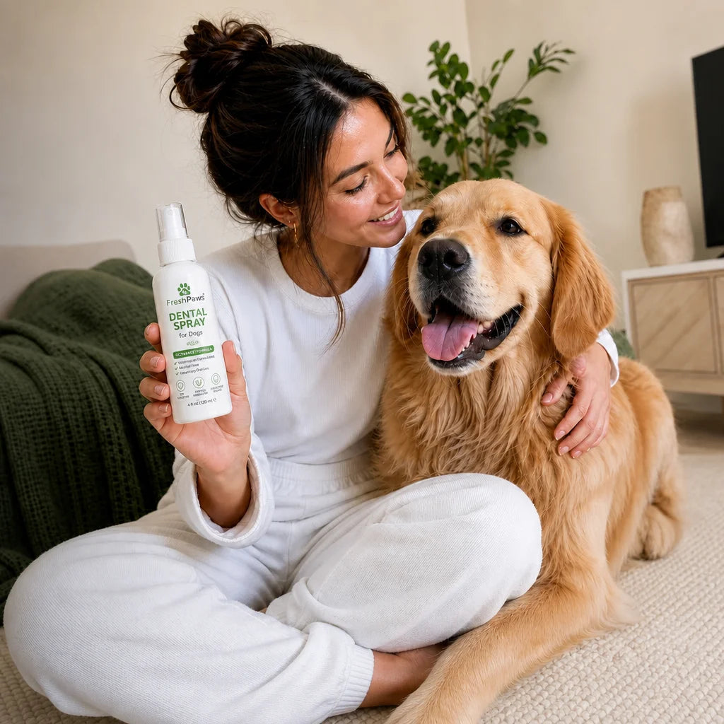 Edit this exact FreshPaws image in place. Preserve the same woman, golden retriever, living-room com
