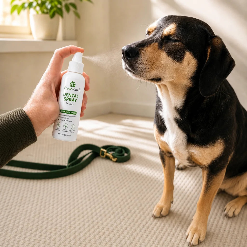 Edit this exact FreshPaws image in place. Preserve the same hand, spray bottle, dog, pose, framing,