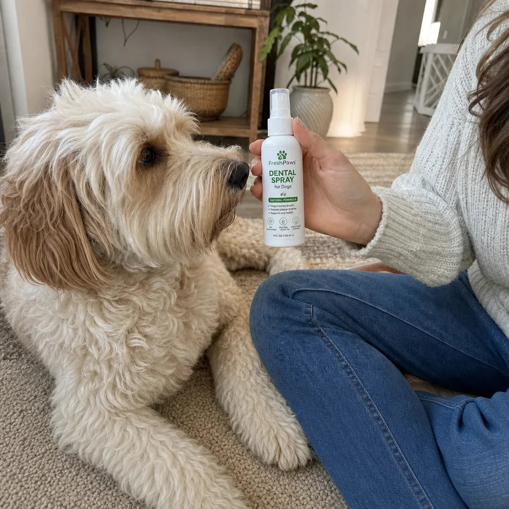 Pet parent using FreshPaws Dental Spray for Dogs