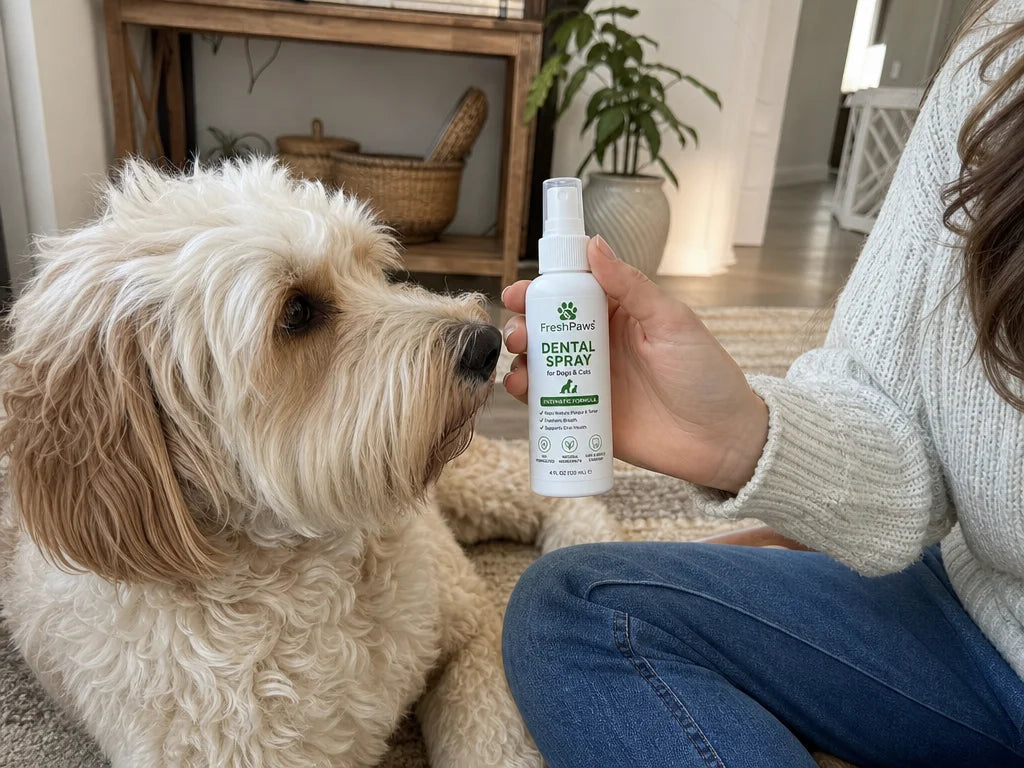 Pet parent using FreshPaws dental spray near a relaxed dog