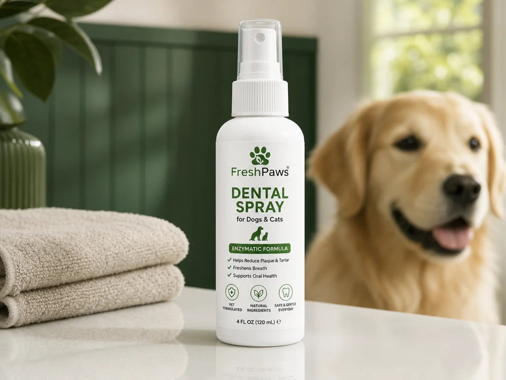 FreshPaws bottle on a clean counter with a calm dog in the background