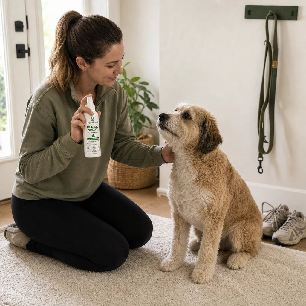 Square lifestyle photograph of a calm post-walk pause at home. Show one pet parent kneeling beside a