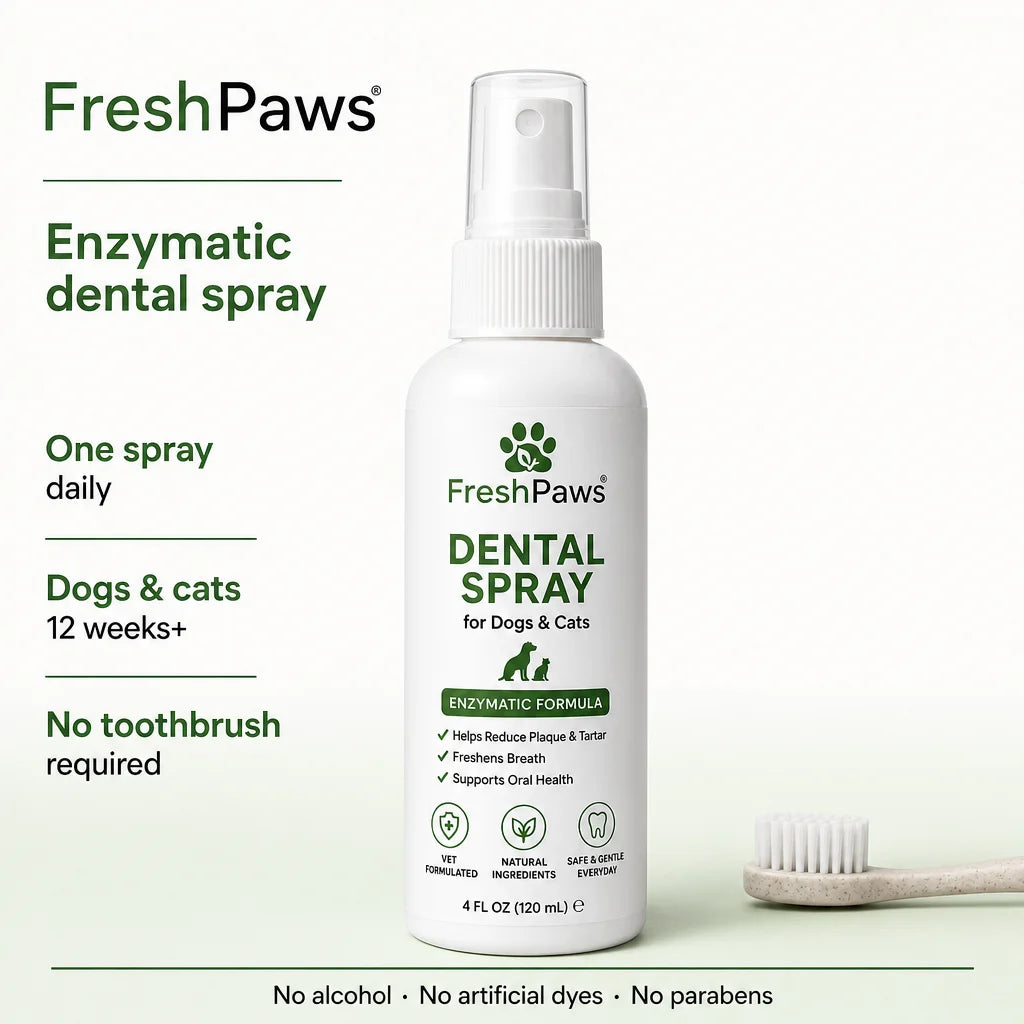 Square editorial product-information card for FreshPaws. Make the exact bottle the large central anc