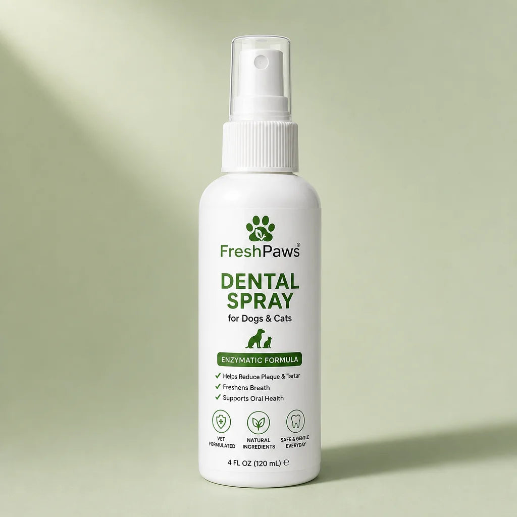 Minimal editorial product portrait for the final square offer image. Place the exact FreshPaws bottl