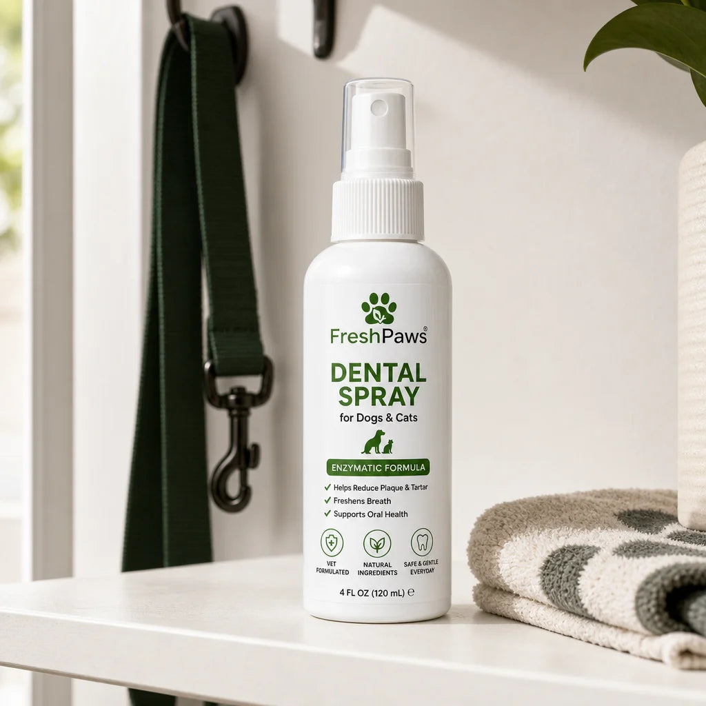 Immersive premium product portrait for a square closing-offer slot. Place the exact FreshPaws bottle