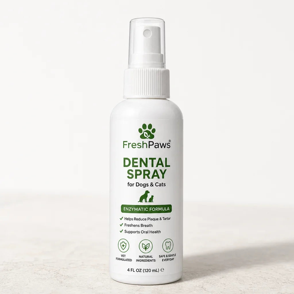 FreshPaws enzymatic dental spray bottle on a clean white background